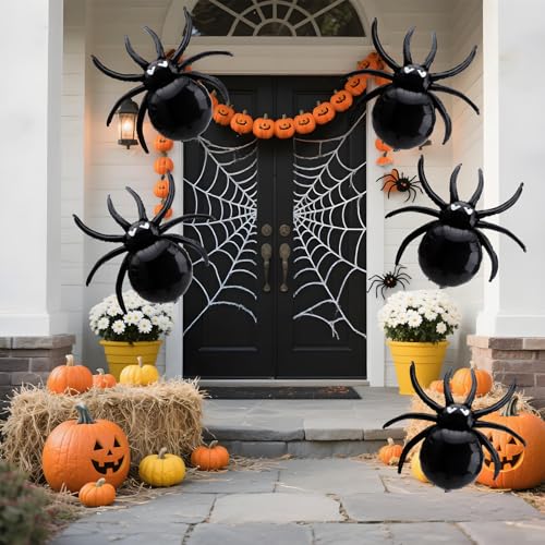 Large Halloween Black Spider Balloons – 33 Inch Foil Spiders for Spooky Party Decorations, 5 Pack