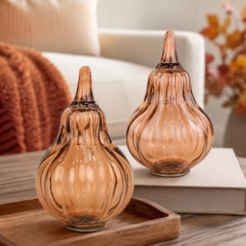 Fall Glass Pumpkin Figurines - Hand Blown 6.7-Inch Autumn Decor Set