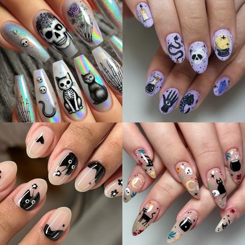 Halloween Skeleton Cat Nail Stickers - Self-Adhesive 3D Nail Art Decals, 5 Sheets