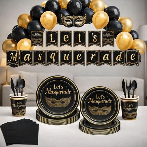 Masquerade Party Decorations Set - Black & Gold Party Supplies for Elegant Events