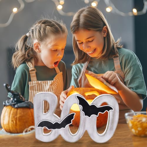 White Wooden Boo Sign Halloween Decor Indoor Table Centerpiece