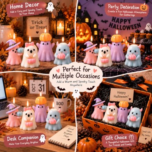 Pastel Halloween Ghost Candle Set - Pumpkin & Witch Hat Figurines, 4 Pack