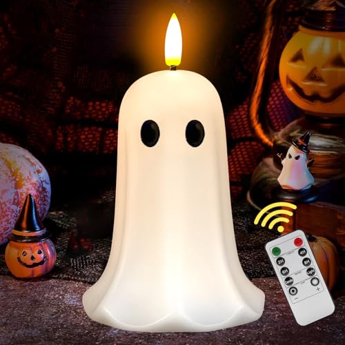 Halloween Ghost Flameless Candle with Timer - LED Flickering Flame, Real Wax, Remote Control, Ghost Light Variation