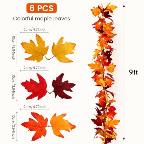 9Ft 2-Pack Battery-Operated Maple Leaf Garland with 8 Lighting Modes - Fall Decor