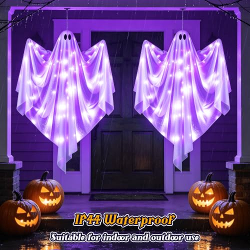 Halloween Hanging Light-up Ghost Decoration - 47-Inch Flying Purple LED Haunted House Prop