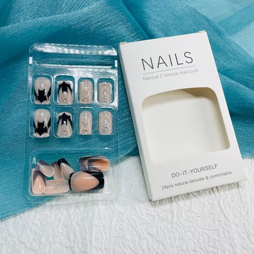 Halloween Press On Nails Medium Square Fake Nails with Spider Web Bat Design - Halloween Fake Nails 30
