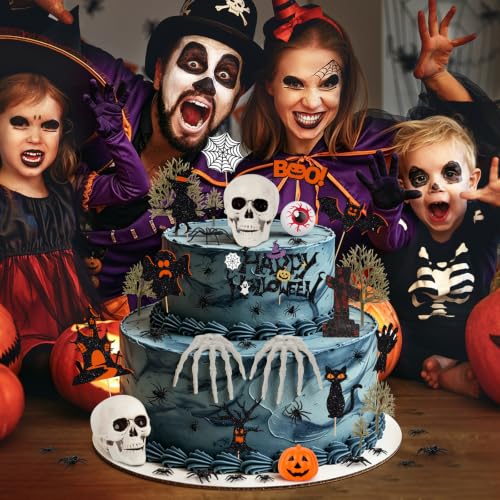 Halloween Cake Toppers Set - 44pcs Spider Bat Castle Pumpkin Skull Hand Decorations - Halloween Party Supplies