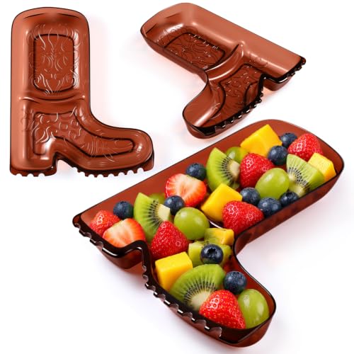 Cowboy Boot Serving Trays - 2 Pack Western Party Food Platters Brown Plastic