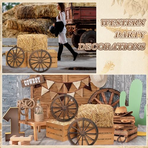 6 Pack Rustic Hay Bale & Wooden Wagon Wheel Decor Set - Farmhouse Style