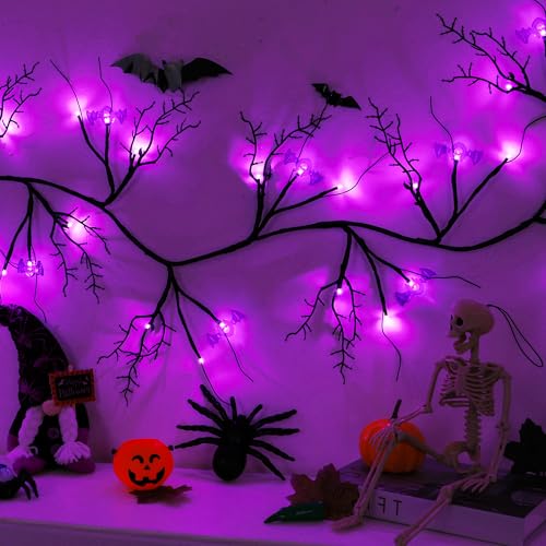 9 FT Halloween Willow Vine Garland with Bats Purple Lights - Timer & 8 Modes - Indoor Outdoor Decor