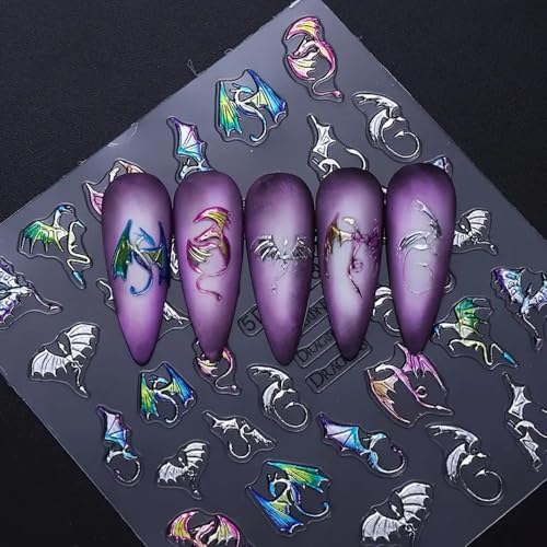 Halloween 5D Embossed Nail Art Stickers - Silvery Bat & Dragon Pattern - Q2 Variation