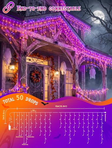 Halloween Icicle Lights Outdoor - 300 LED Purple & Orange, 32ft, 8 Modes, Connectable