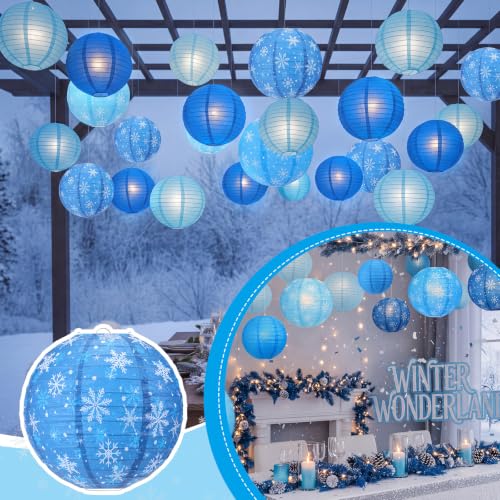 Panelee 12 Pcs Winter Snowflake Paper Lanterns - Blue 8 Inch Hanging Holiday Decor with Variation Blue Snowflake