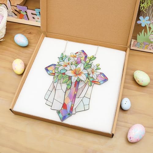 Stained Glass Cross Suncatcher with Floral Design - Religious Wall Decor Gift