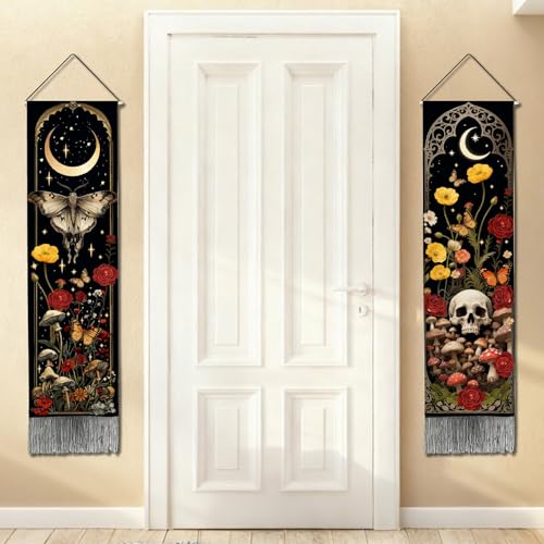 Witchy Gothic Moth Skull Tapestry Wall Hanging - 51x13 Inch, Mysterious Bedroom Decor
