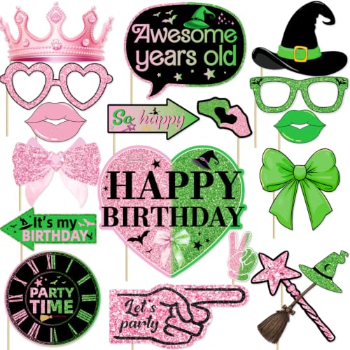 Pink and Green Halloween Party Photo Booth Props Set - Witch Theme Decorations