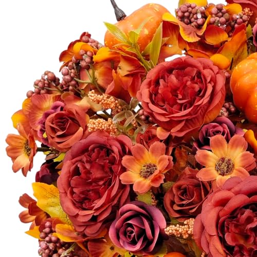 Fall Artificial Flower Bouquet with Pumpkin Accents - Red, 3 Bundles Autumn Decor