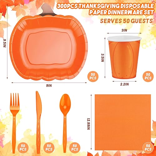 Fall Pumpkin Paper Plates and Napkins Set for Thanksgiving and Parties - 300 Pieces