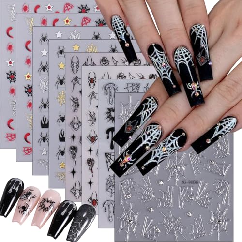 Multicolor Glitter Halloween Nail Stickers Spider Web Rhinestones 8 Sheets - Nail Art Decoration