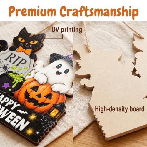 Halloween Welcome Wreath - Wooden Black Cat Ghost Pumpkin Door Decor - 12x12 Inches - Variation: Halloween
