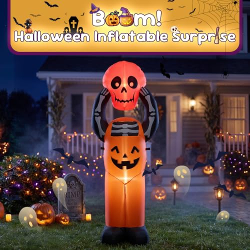 6FT Halloween Inflatable Pumpkin Skeleton with LED Lights - Yard Decor, Spooky Halloween Party