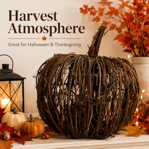 8 Inch Rattan Wicker Pumpkin Decor - Fall Halloween Seasonal Accent