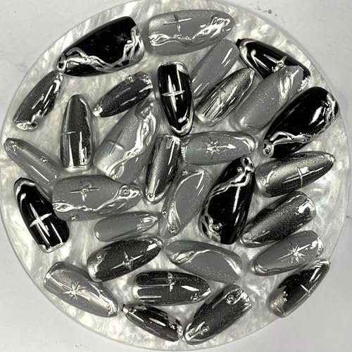 BABALAL Medium Almond Black Cat Eye Chrome Fake Nails - Silver Gothic Y2k Star, 30Pcs - Variation BFNZ013