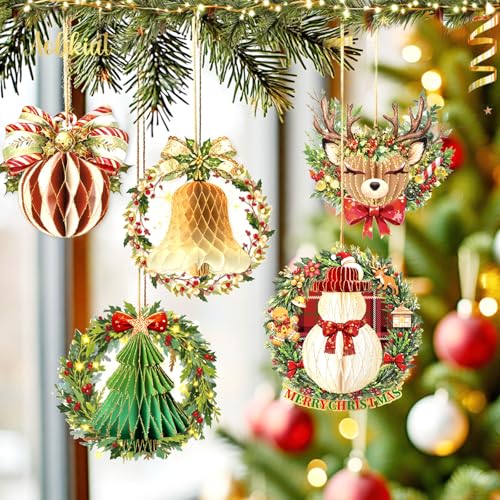 Christmas Honeycomb Ornaments Set - Red Green Gold Holiday Decorations for Home & Class