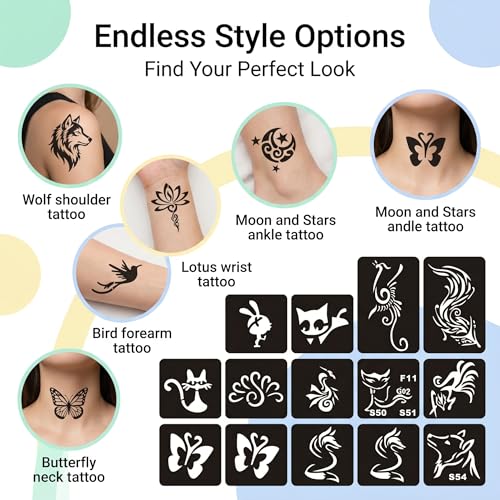 Temporary Tattoo Stencil Kit - 6 Sheets with 58 Fox Patterns, Reusable & Skin-Safe