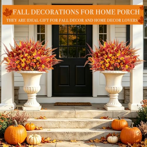 Artificial Fall Flowers Bundle with 5 Styles for Outdoor & Indoor Decor - Orange Red