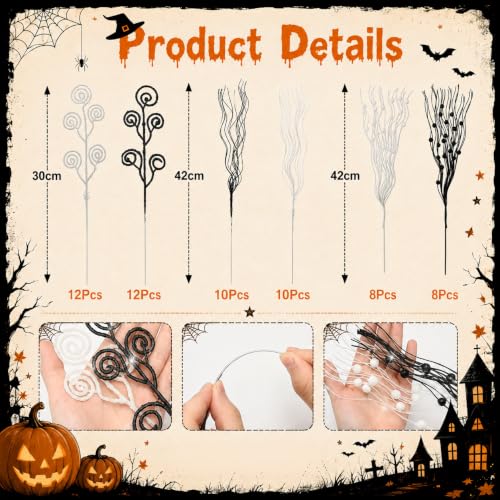 Black & White Halloween Glitter Branches Picks - 60 Pcs Spooky Decor