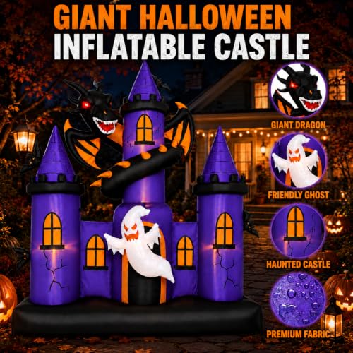 Giant 9 FT Halloween Inflatable Haunted Castle with Dragon & Ghost Lights
