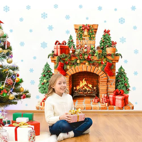 Christmas Fireplace Wall Decals - Snowflakes & Winter Tree Stickers - Removable Holiday Mural - Fireplace Variation