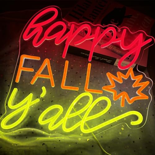 Happy Fall Y'all Neon Sign - Fall Decor LED Light with Hanging Chain - Yellow+Red Variation