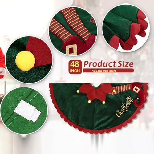 Elf Christmas Tree Skirt 48 Inch Velvet Holiday Decor with Ripple Trim