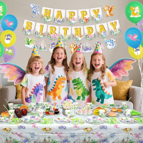 Dragon Party Supplies Set for Kids Birthday - Banner, Plates, Cups, Balloons & More, Serves 20