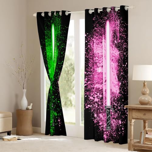 Kids Boys Teens Green Pink Light Saber Curtains - Blackout & Insulated Window Drapes