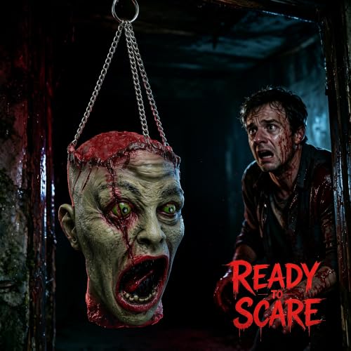 Halloween Bloody Zombie Head Prop - Latex Hanging Severed Head with Chains - 11.8"