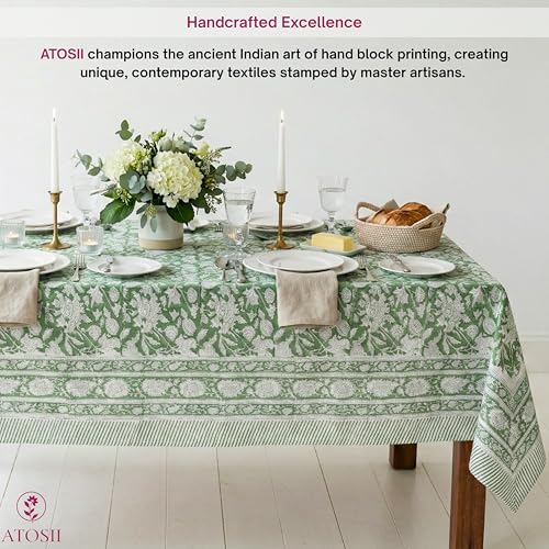 Cotton Blockprint Rectangle Tablecloth - Meraki Green 108x60 Inches - Handmade, Fair Trade