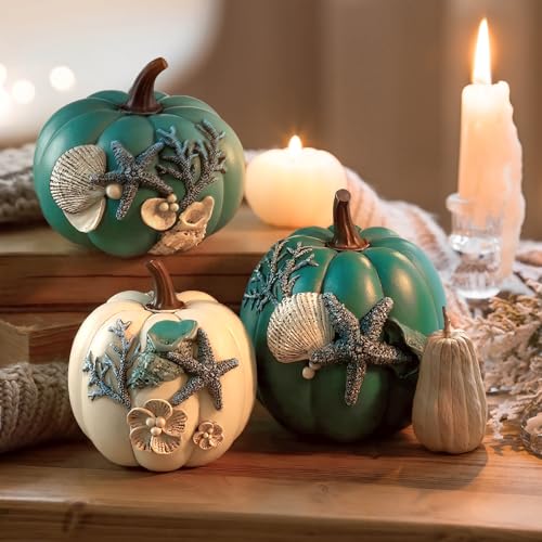 Blue Ocean Fall Pumpkin Decor Set - 3 Resin Autumn Pumpkins with Gold Stems & Sea Details - Coastal Thanksgiving & Halloween Home Decor - Variation of THIS listing
