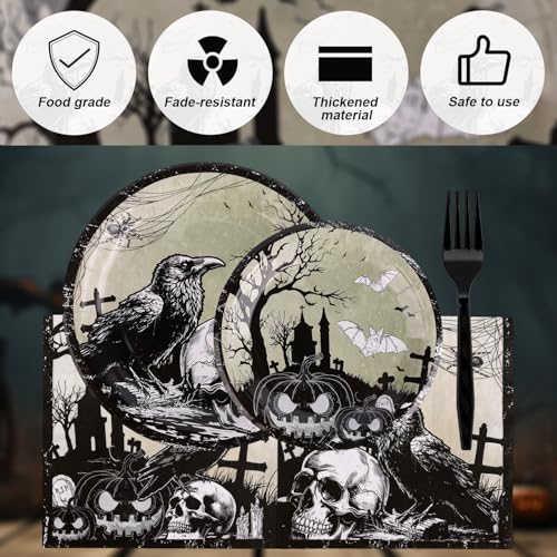 Halloween Tableware Set with Plates Napkins Forks Crow Style for 24 Guests