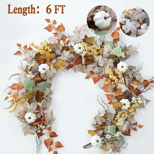 Artificial Maples Leaf Pumpkin Garland - Fall Decor, 6FT Autumn Wreath for Thanksgiving Halloween and Home Porch