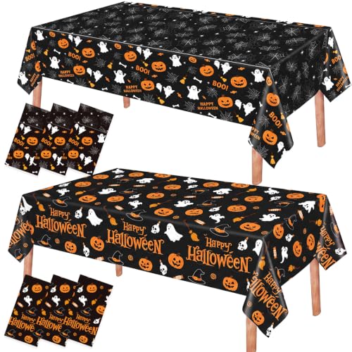Halloween Tablecloth Set - 6 Disposable Plastic Table Covers with Pumpkin & Ghost Design - Black and Orange