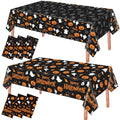 Halloween Tablecloth Set - 6 Disposable Plastic Table Covers with Pumpkin & Ghost Design - Black and Orange
