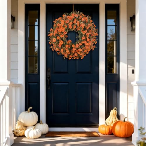 Fall Wreath for Front Door - Autumn Harvest Decor with Eucalyptus & Mums - Orange-3