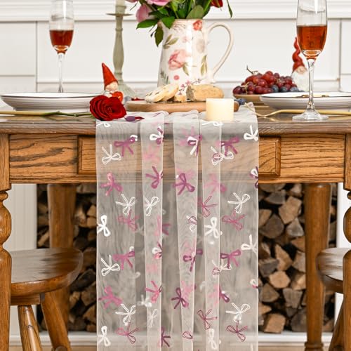 Pink Bow Beige Gauze Table Runner 120 Inch 10FT - Valentine’s Day Wedding Decor