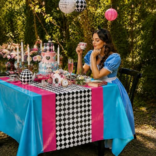 Pink Teal Checkered Wonderland Tablecloth Set - 3 Pieces, 54x108 Inches