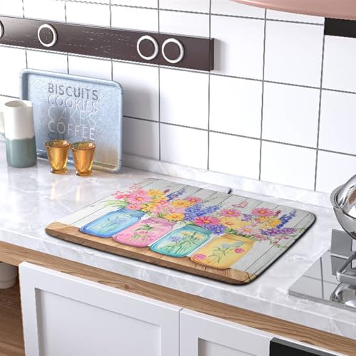 Daisy Flower Dish Drying Mat for Kitchen Counter - Pink, 16x18 Inch
