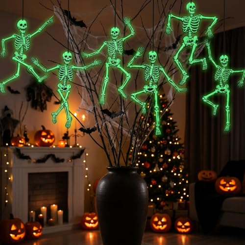 Halloween Skeleton Decor Set - 12 Jointed Luminous Paper Skeleton Cutouts