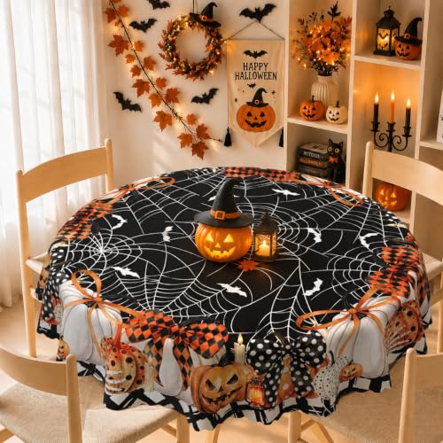 Halloween Pumpkin Dots Bat Spider Web Round Tablecloth 60x60 Inch - Waterproof & Wrinkle-Resistant Halloween Decor Variation of THIS listing